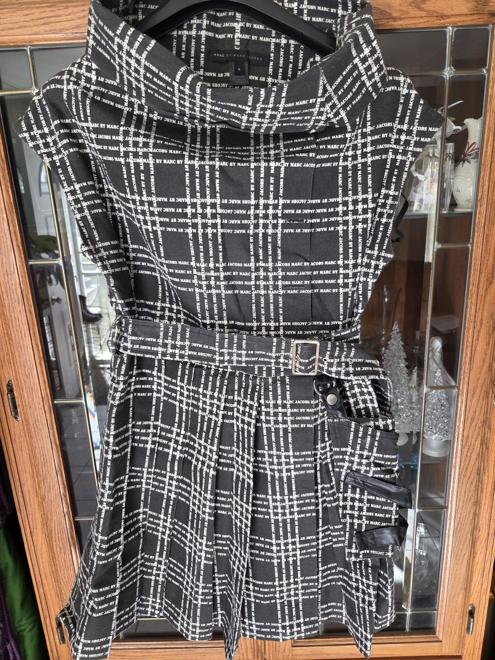 Marc Jacobs Black and White Plaid Sleeveless Belted Dress